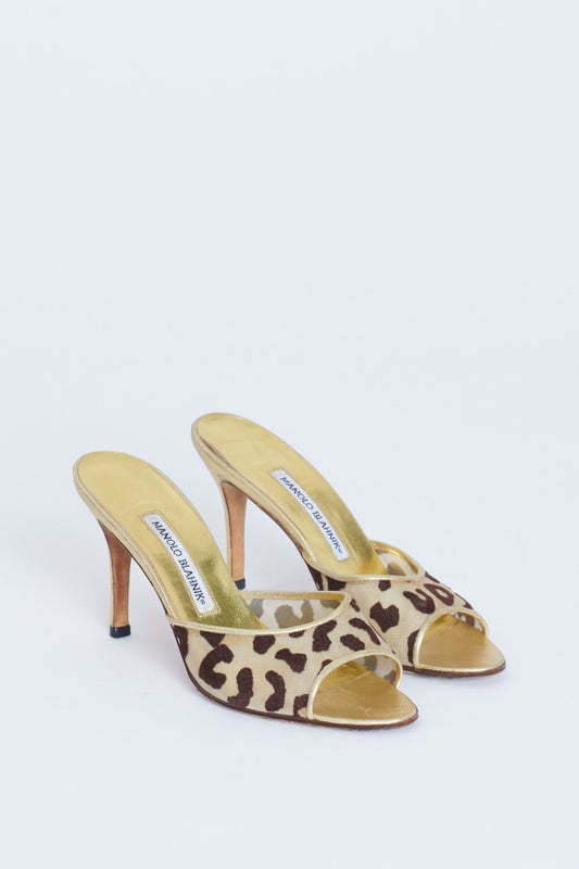 Leopard Print Mesh And Gold Leather Heeled Mules