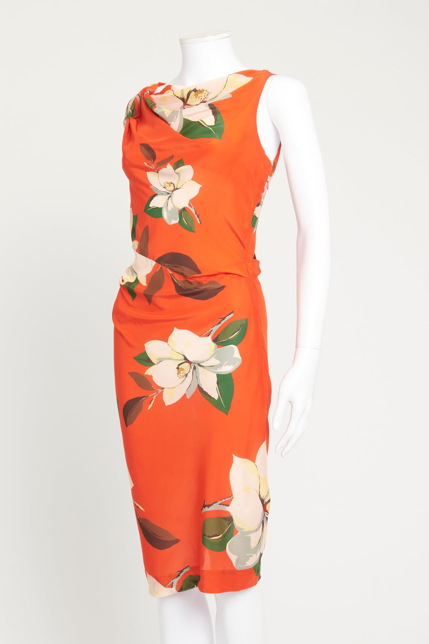 Red Floral Print Silk Blend Preowned Knee Dress