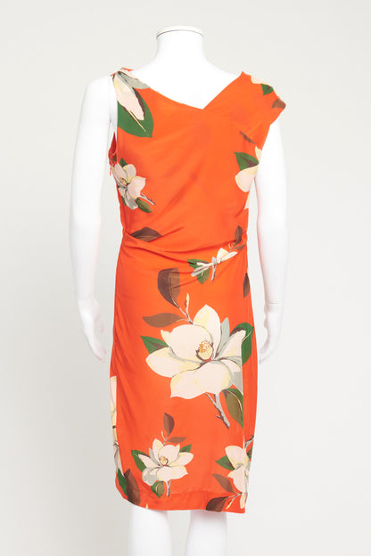 Red Floral Print Silk Blend Preowned Knee Dress