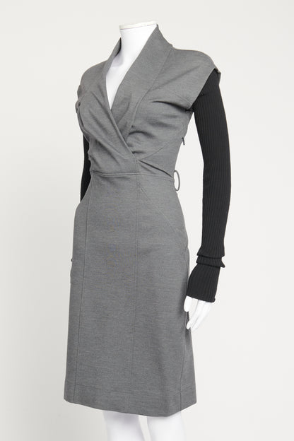 Grey Wool Contrast Ribbed Sleeve Preowned Shift Dress