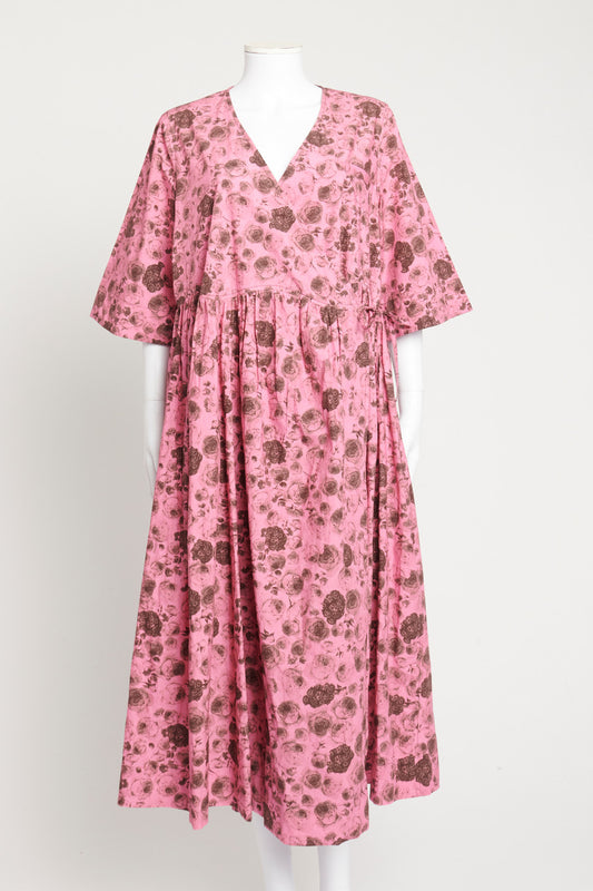 Pink Organic Cotton Rose Print Preowned Wrap Dress