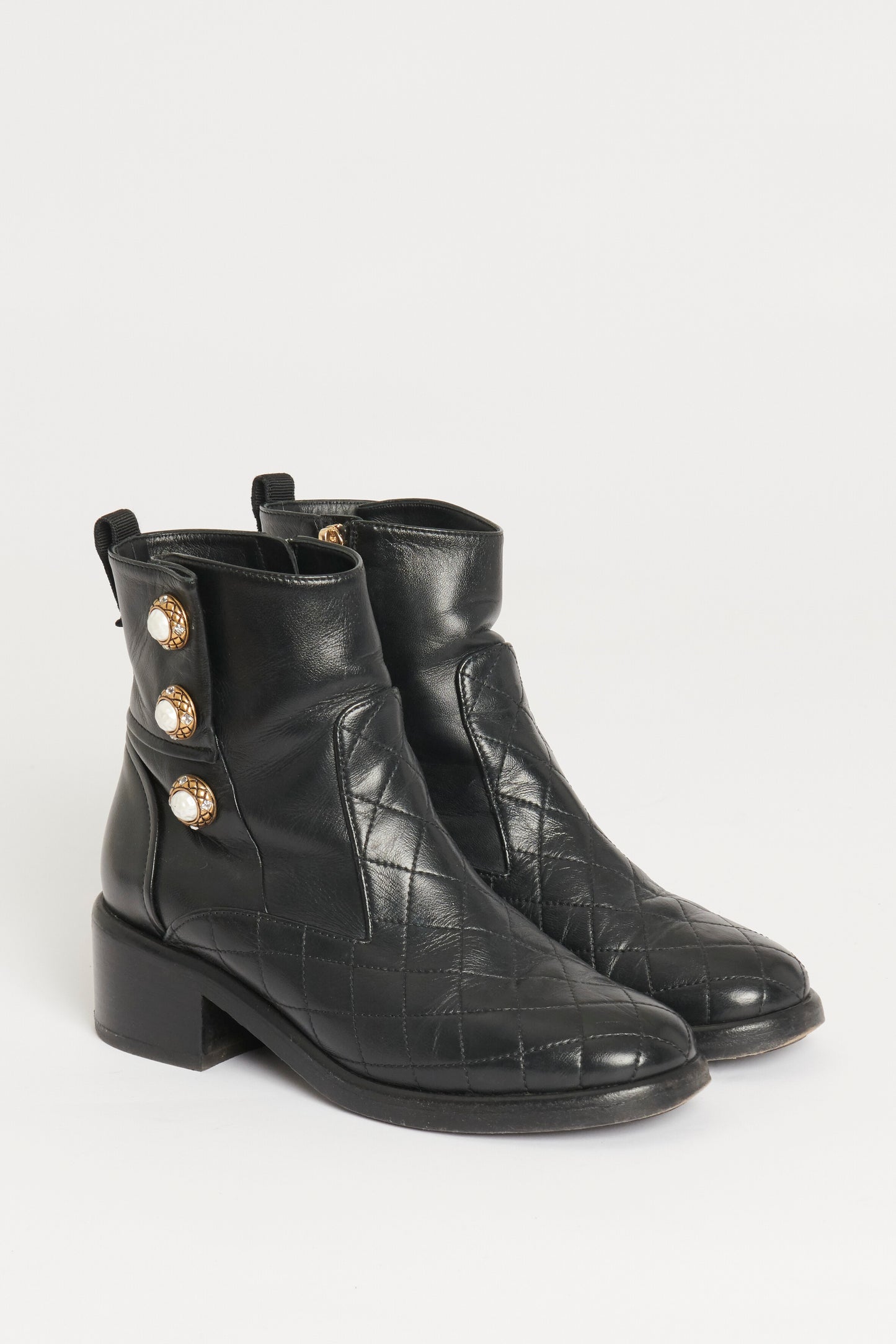 Black Quilted CC with Pearls Leather Preowned Boots