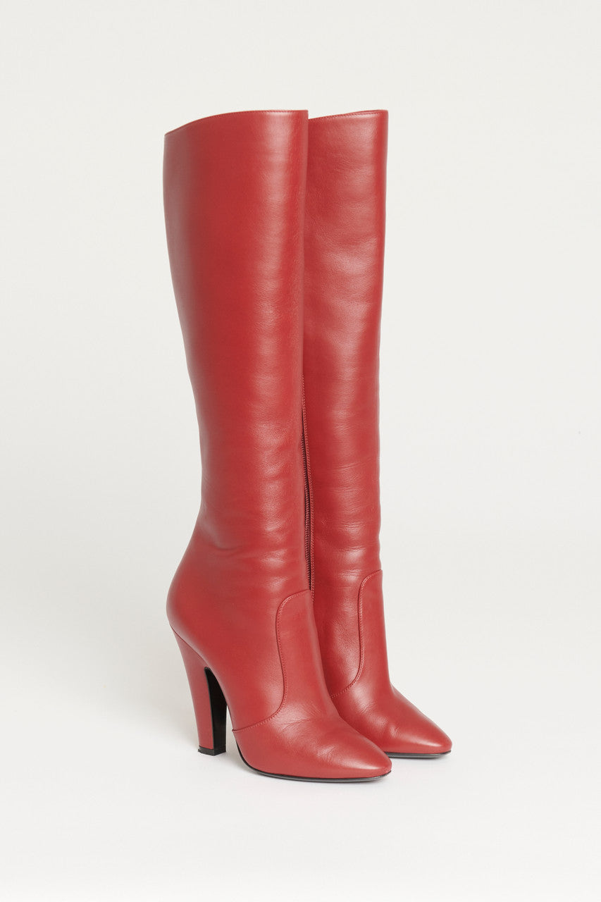 Red Leather Preowned Knee High Boots