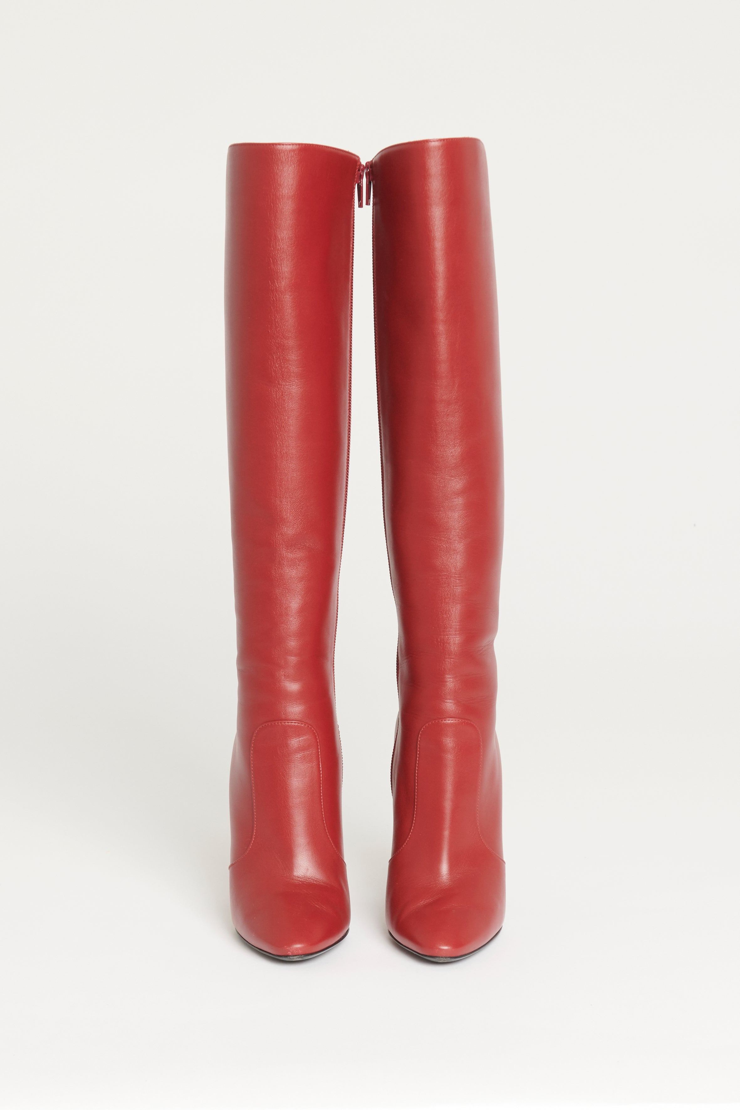 Red leather knee deals high boots uk