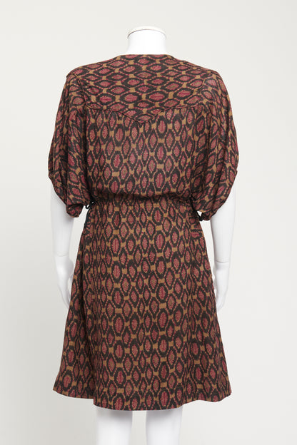 Burgundy Geometric Print Silk Preowned Mini Dress