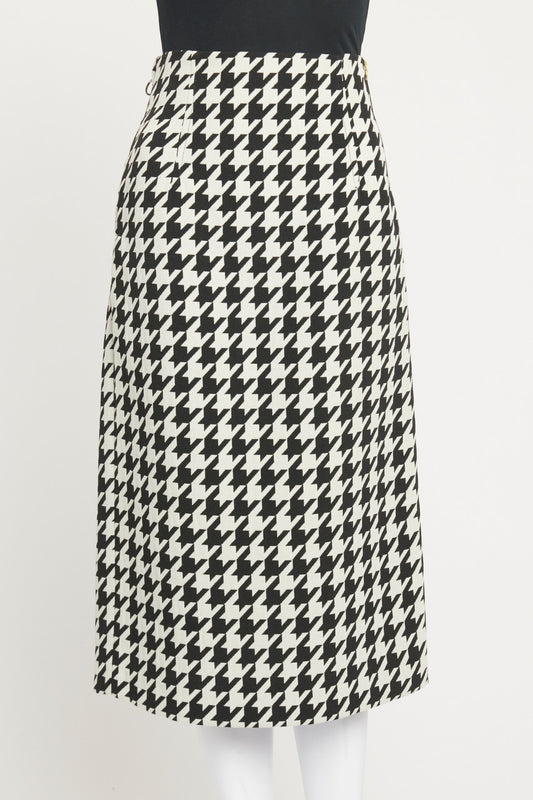 Black and White Pied De Poule Midi Preowned Skirt