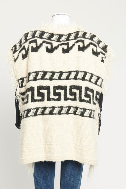 Cream and Black Texas Intarsia-Knit Preowned Poncho