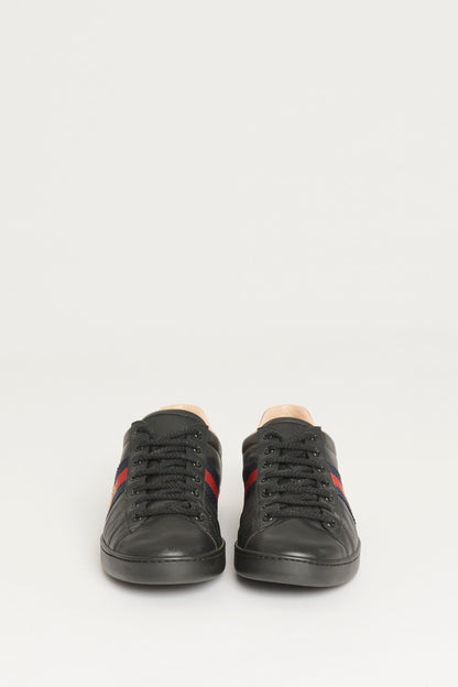 Black Leather Embroidered Bee Web Ace Trainers