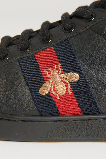 Black Leather Embroidered Bee Web Ace Trainers