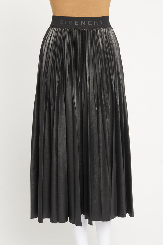 Black Pleated Logo Trim Preowned Midi Skirt