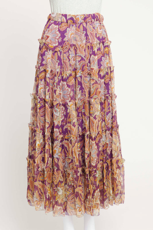 Purple Floral Silk Preowned Maxi Skirt