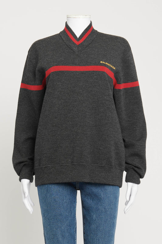 Grey and Red Virgin Wool Preowned Jumper