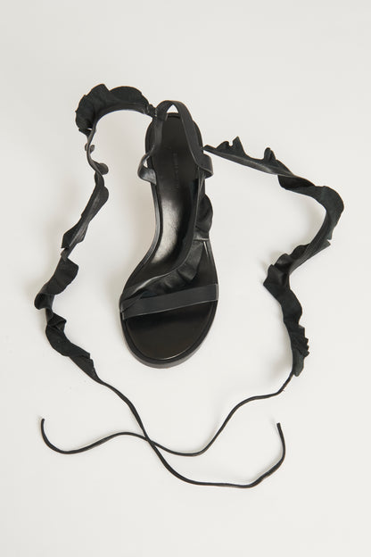 Black Leather Ruffle Tie Detail Preowned Sandal