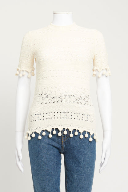 Ivory Crochet Postcard Textured Preowned Knit Tee