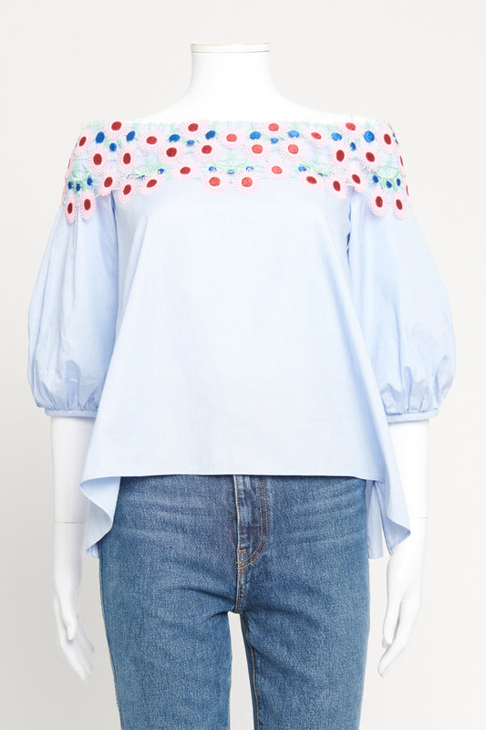 Blue Cotton Preowned Off the Shoulders Blouse
