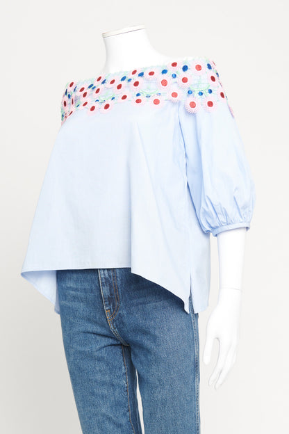 Blue Cotton Preowned Off the Shoulders Blouse