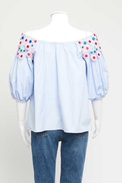 Blue Cotton Preowned Off the Shoulders Blouse