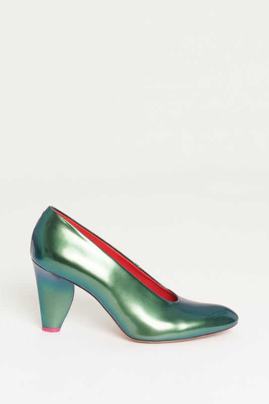 Green Metallic Chrome Leather Preowned Pumps