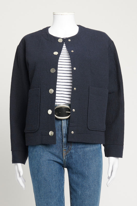 Navy Crew Neck Buttoned Preowned Jacket