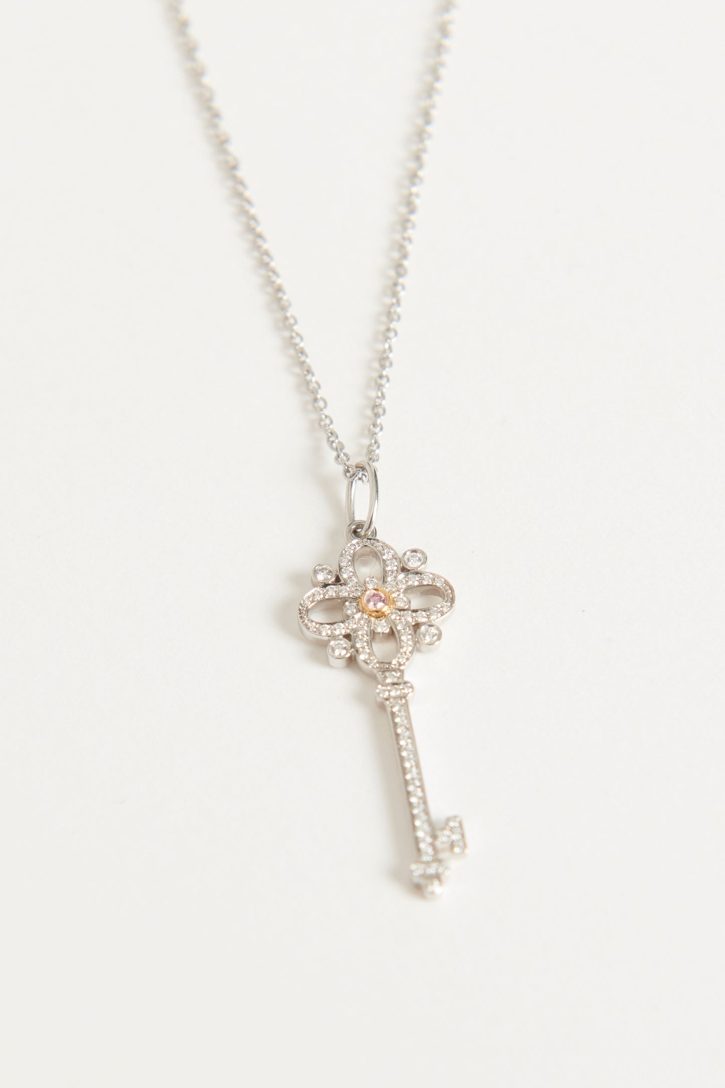 Silver Platinum White & Pink Diamond Floret 
Key Necklace
