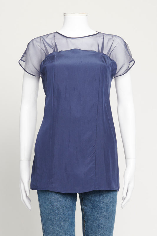 2010 Blue Silk Preowned Blouse with Mesh Detail