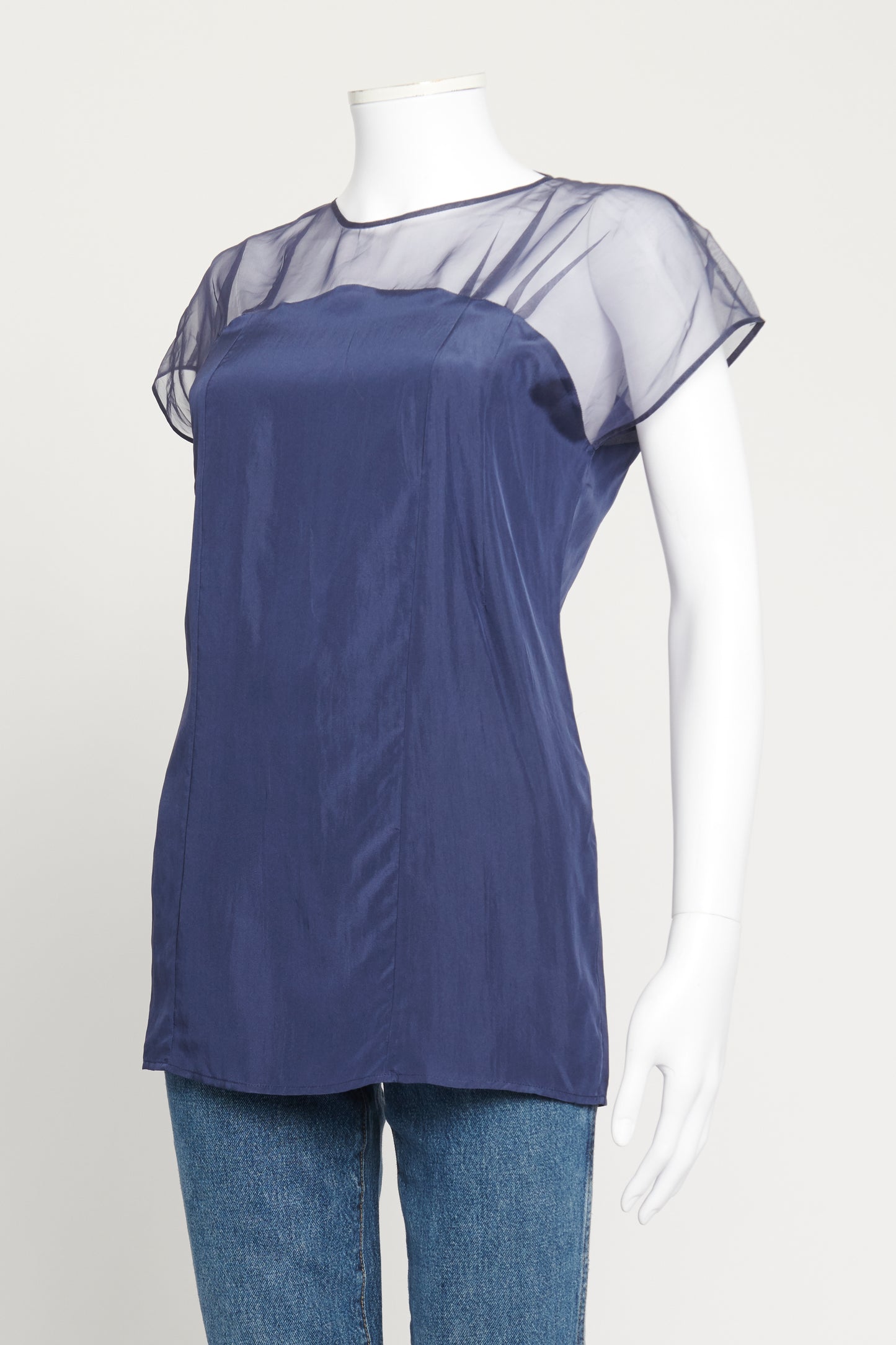2010 Blue Silk Preowned Blouse with Mesh Detail