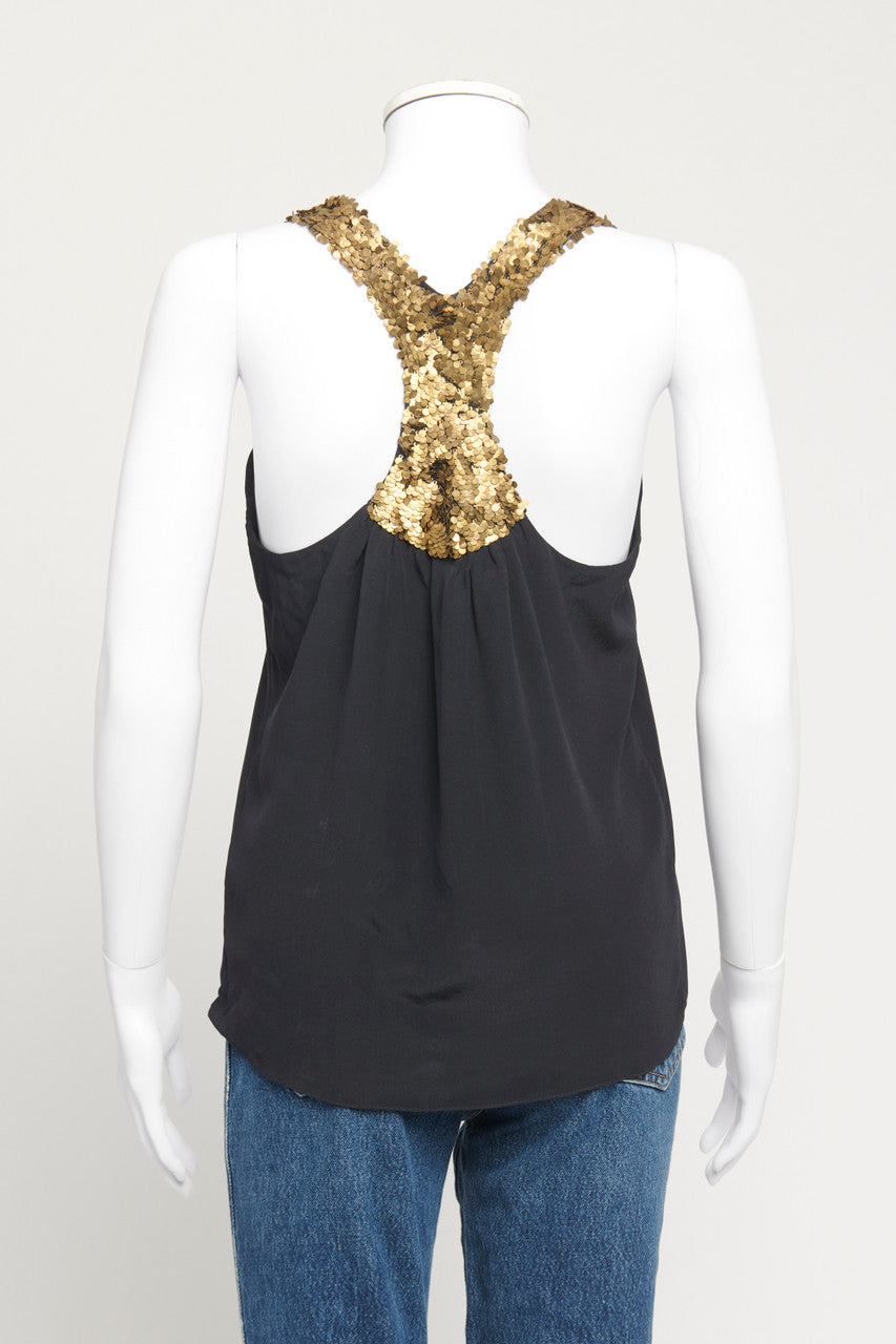 Black Silk Sleeveless Preowned Top With Gold Metal Sequins Applique