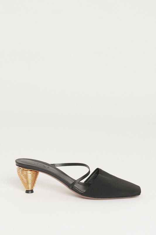 Black Grosgrain Preowned Sandals with Cone Shaped Gold Heels