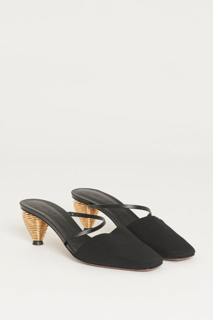 Black Grosgrain Preowned Sandals with Cone Shaped Gold Heels