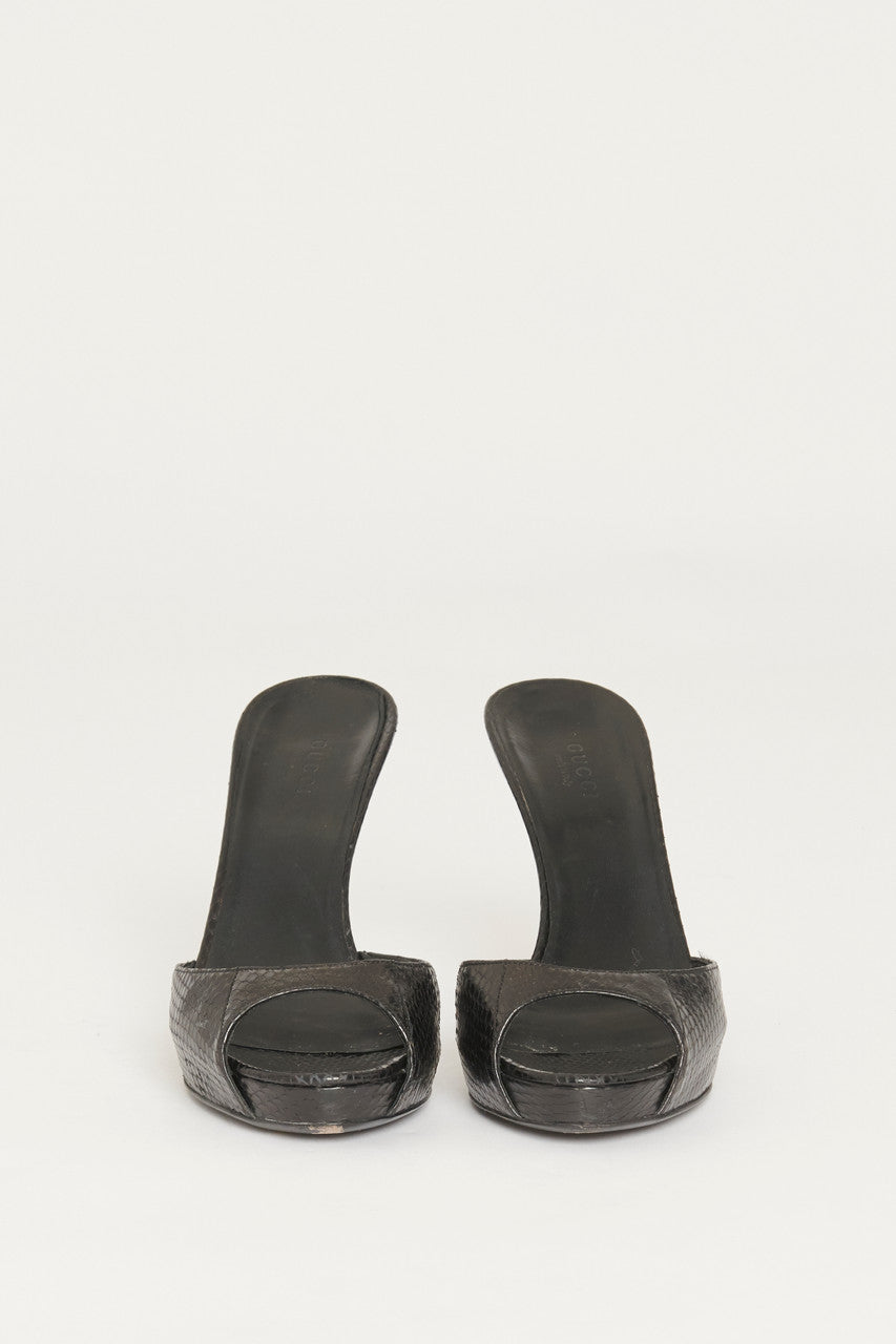 Black Snakeskin Preowned Sandals With Bamboo Detail At Heel