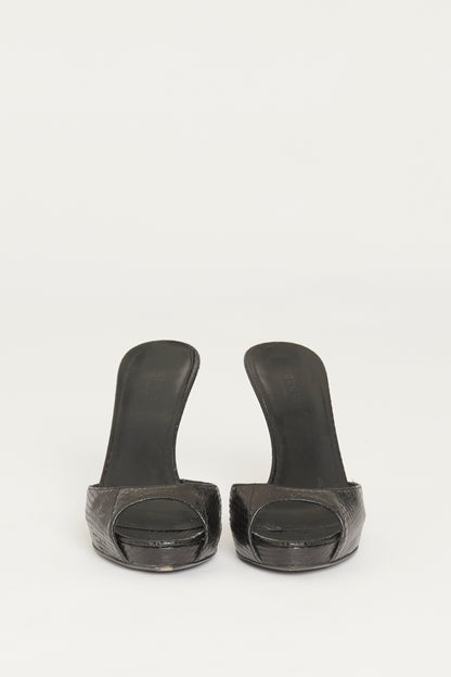 Black Snakeskin Preowned Sandals With Bamboo Detail At Heel