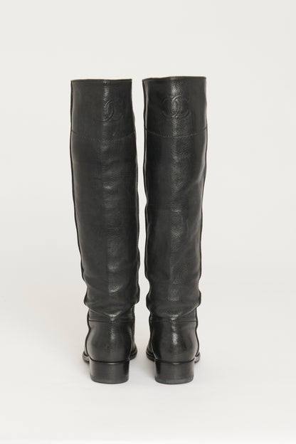 Black Leather Knee High Preowned Boots With Stitched Logo At Back
