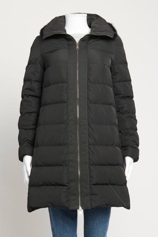 Black Preowned Down Jacket With Removable Fur Detail
