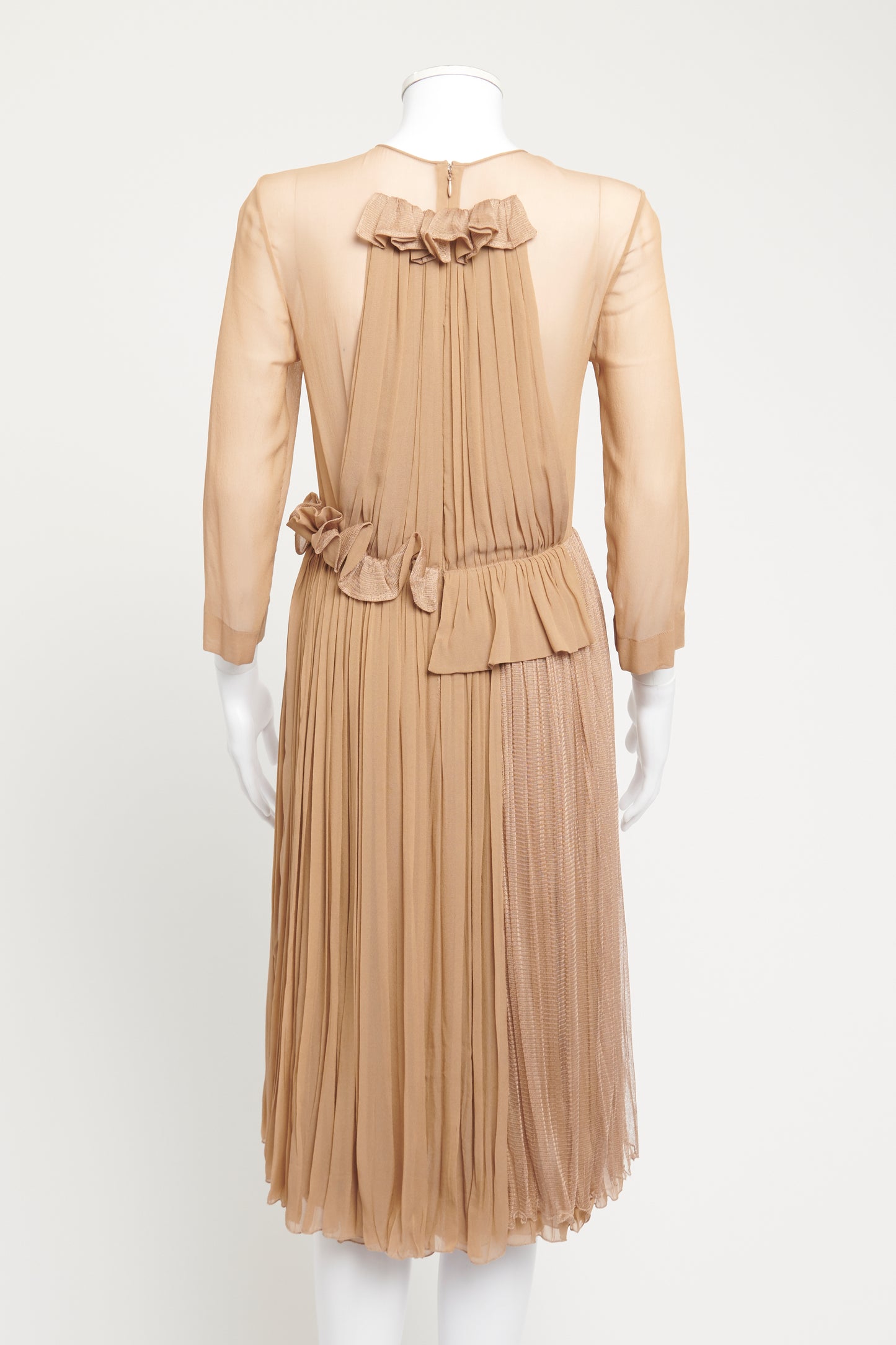 Light brown Preowned Tunic Dress With Sheer And Ruffle Details