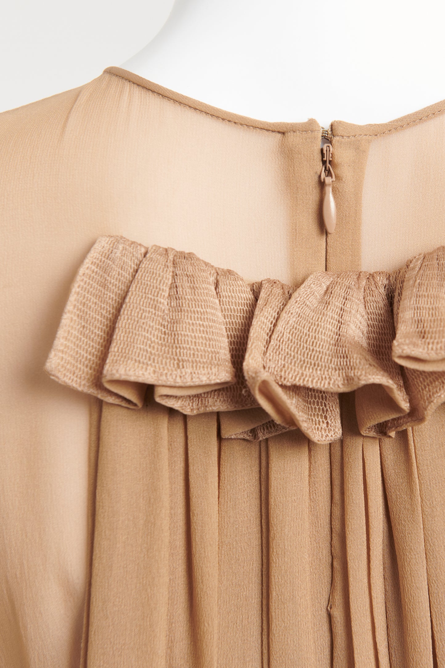 Light brown Preowned Tunic Dress With Sheer And Ruffle Details