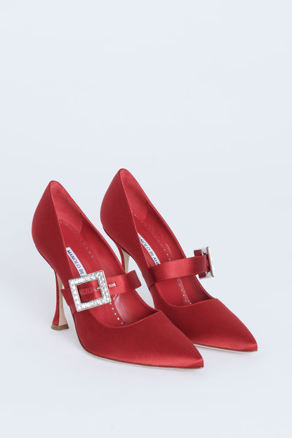 Red Satin Mary-Jane Preowned Pumps with Crystal Buckle