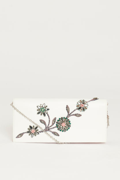 Fall 2014 White Leather Crystal Embellished Preowned Evening Clutch