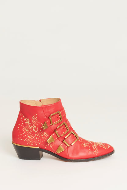 Red Leather Susanna Studded Preowned Ankle Boot