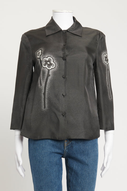 2013 Black Silk Preowned Flower Print Button Up Shirt