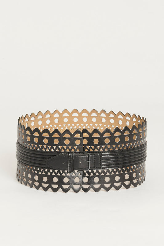 Black Leather Cut-out Pattern Preowned Wide Band Belt