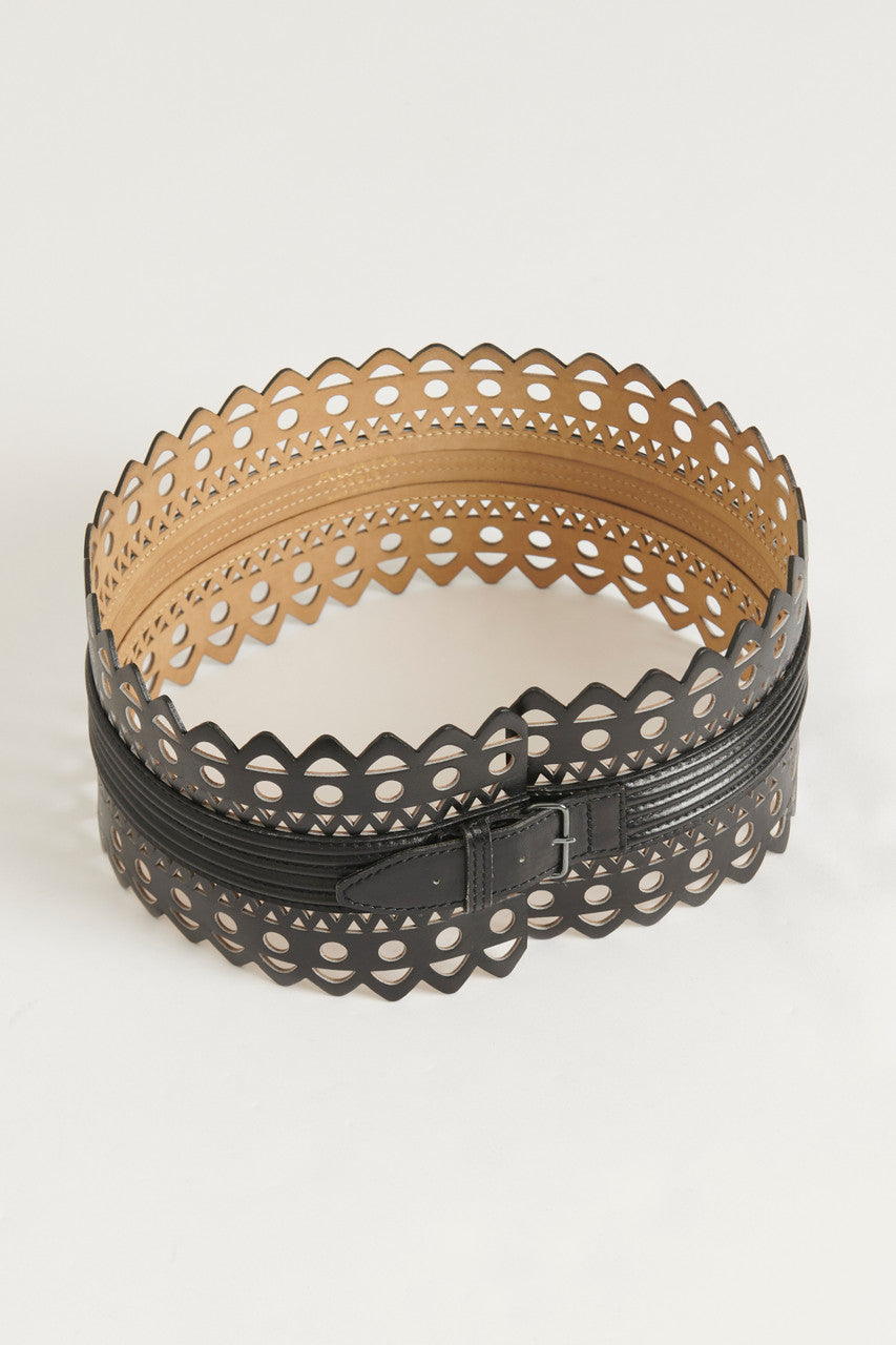 Black Leather Cut-out Pattern Preowned Wide Band Belt