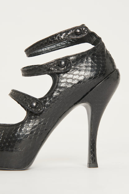 Black Python Strappy Preowned Spy Heeled Sandals