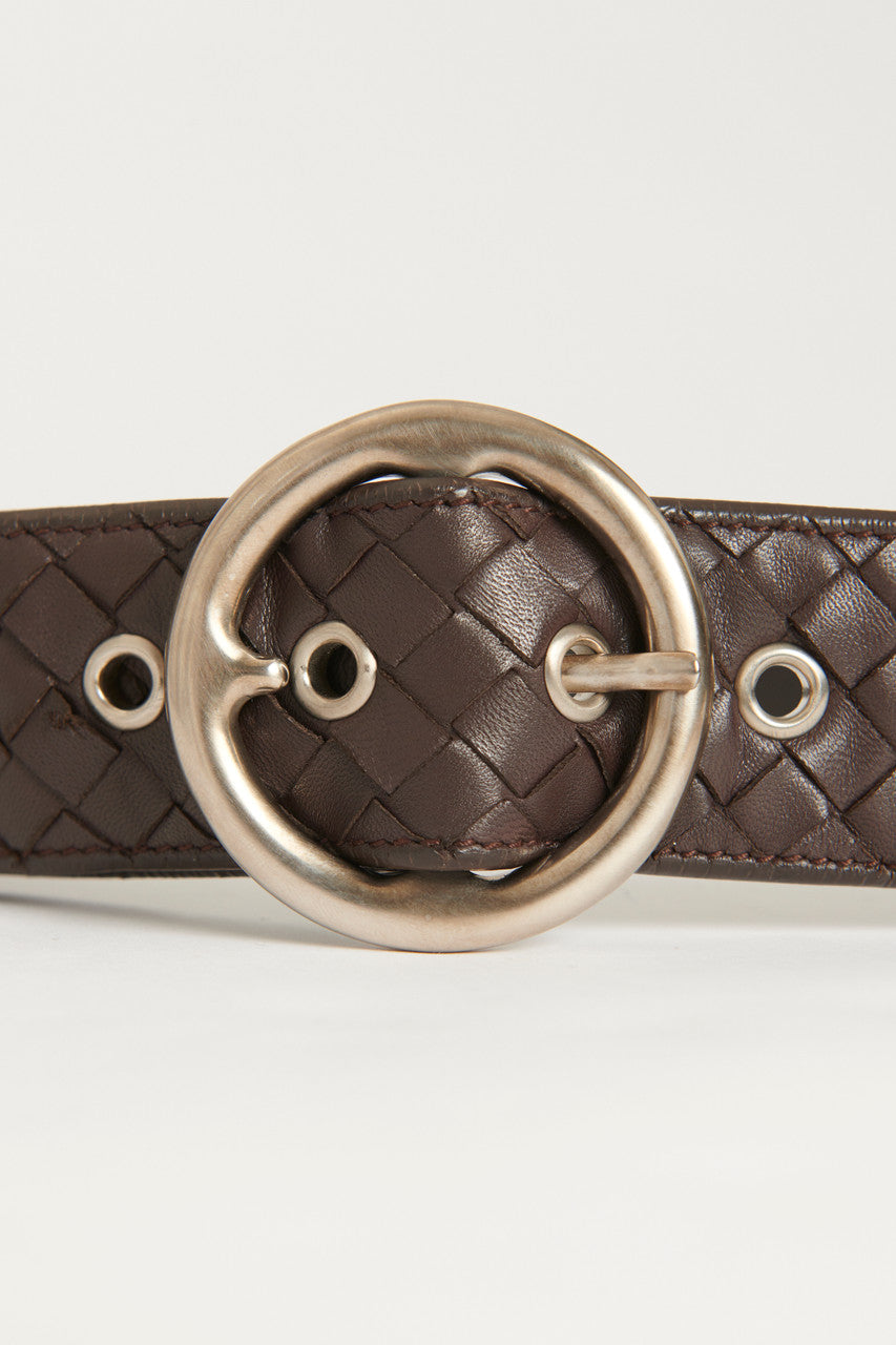 Brown Leather Intrecciato Preowned Belt With Round Buckle