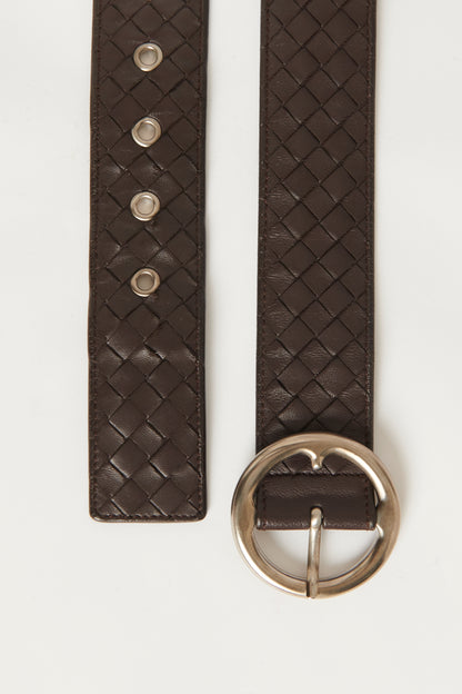 Brown Leather Intrecciato Preowned Belt With Round Buckle