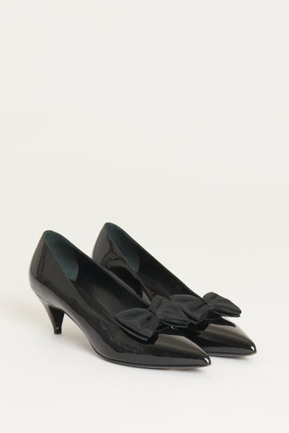Black Patent Preowned Kitten Heels With Bow