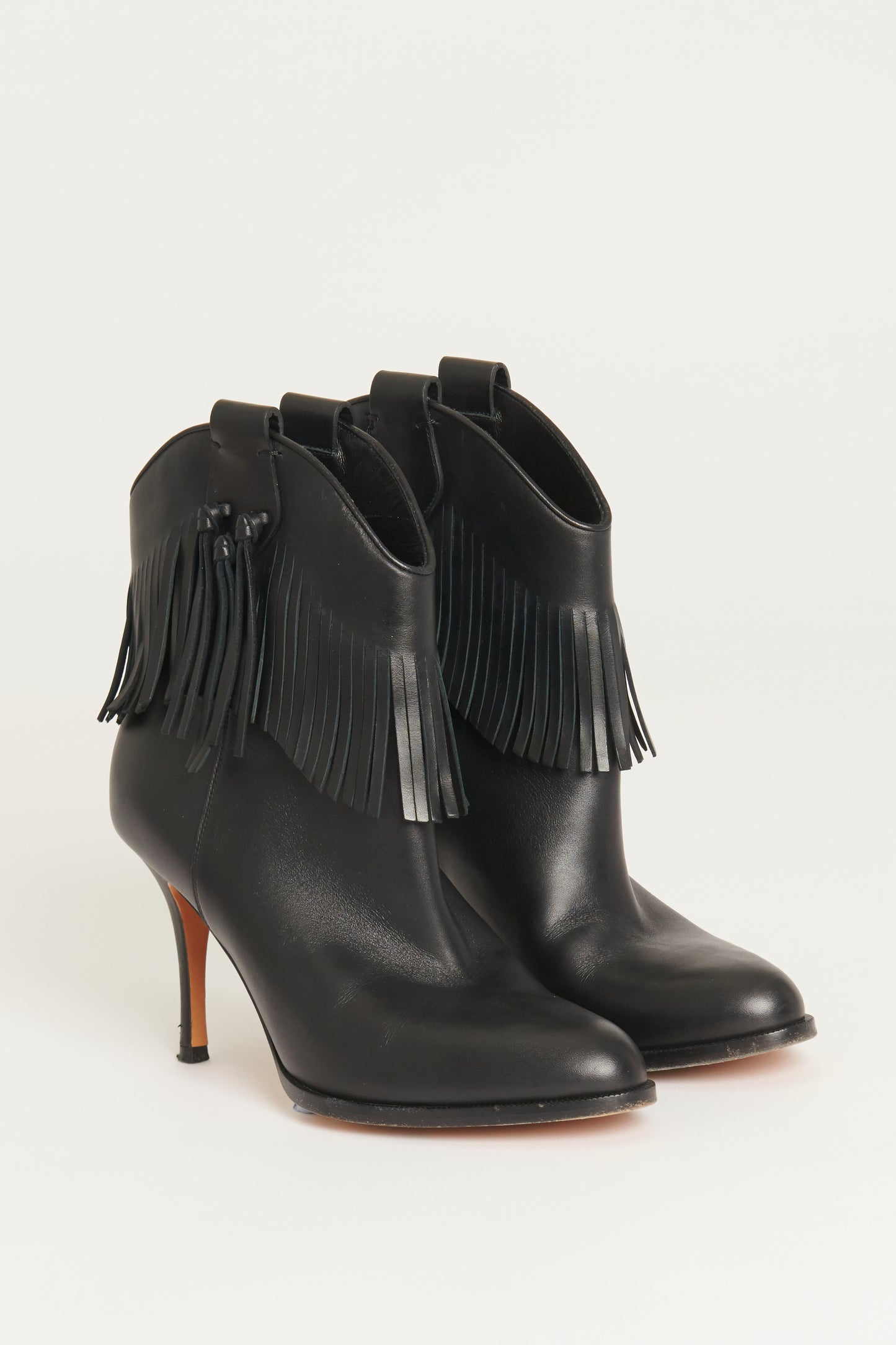 Black Leather Preowned Ankle Boots With Fringes