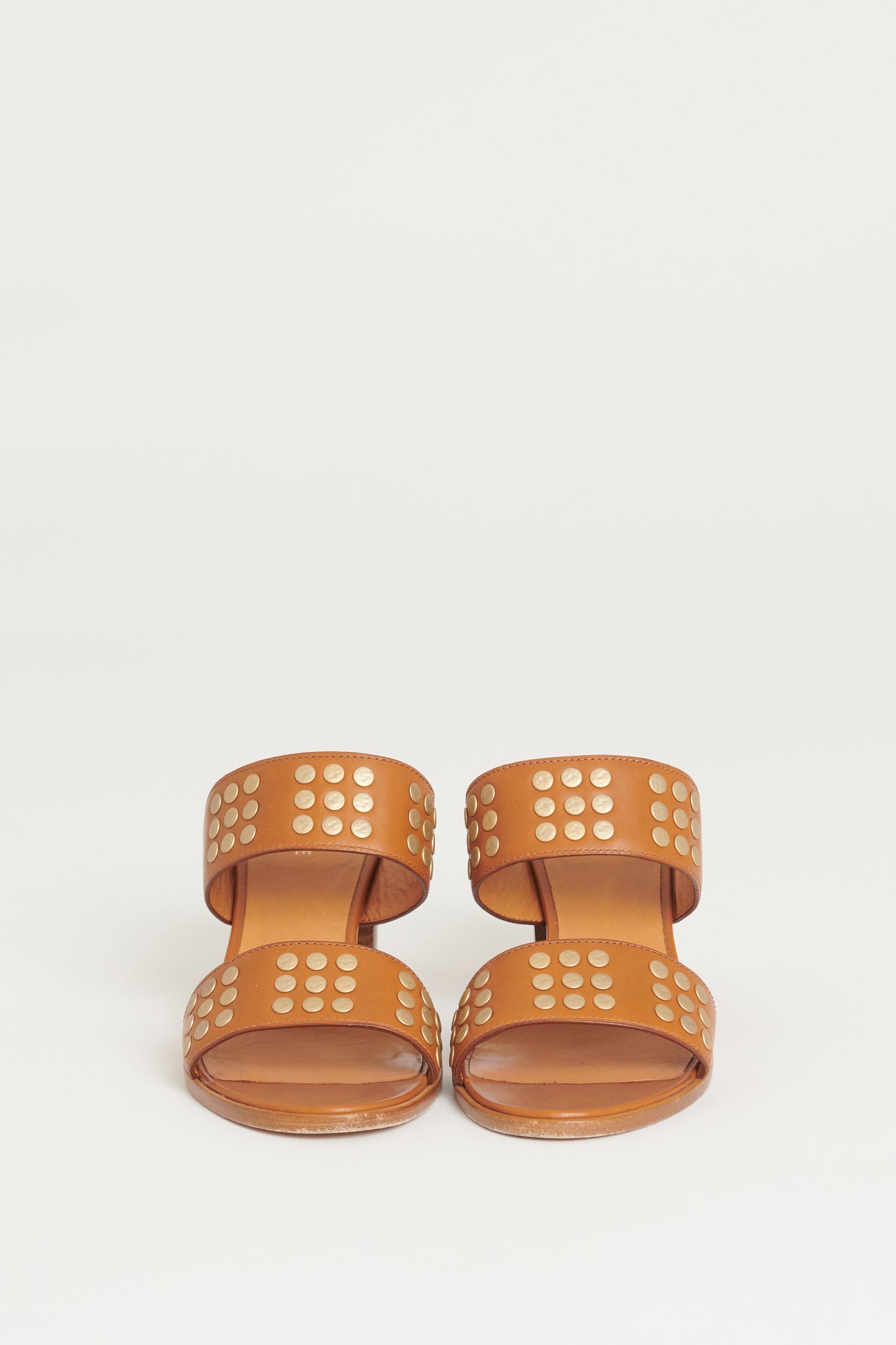 Brown Leather Preowned Slides With Studded Accents