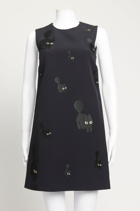 Navy Preowned Shift Dress With Cat Embroidery