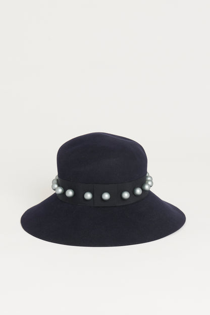 Navy Pearl Trim Wool Felt Preowned Hat