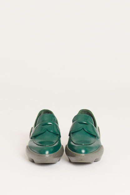 Green Leather Lug Sole Preowned Loafers